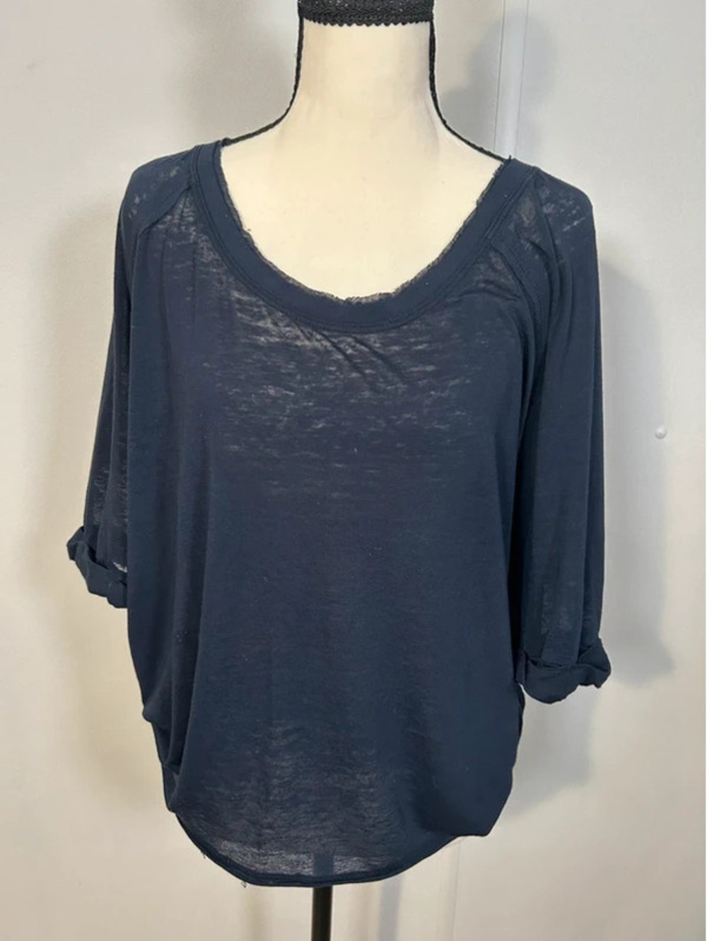 Free People We The Free Navy Blue Sheer Long Sleeve Top Size S Oversized